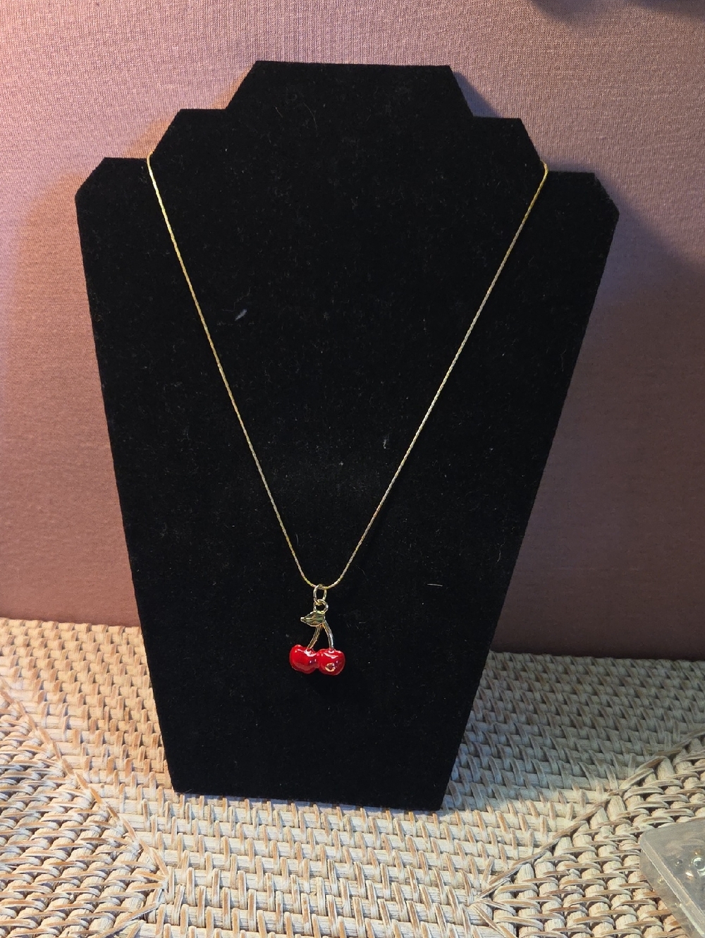 Gold Cherry Pendant Necklace - Red Cherry Charm